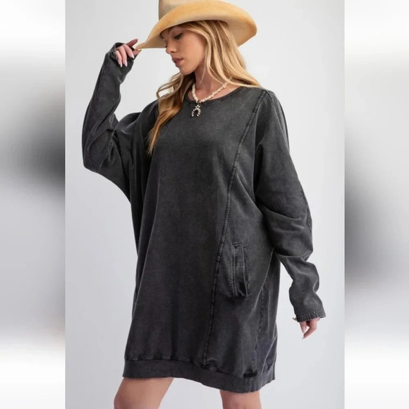 Easel Black Washed Terry Knit Long Sleeve Pullover Tunic Dress New - Picture 3 of 6
